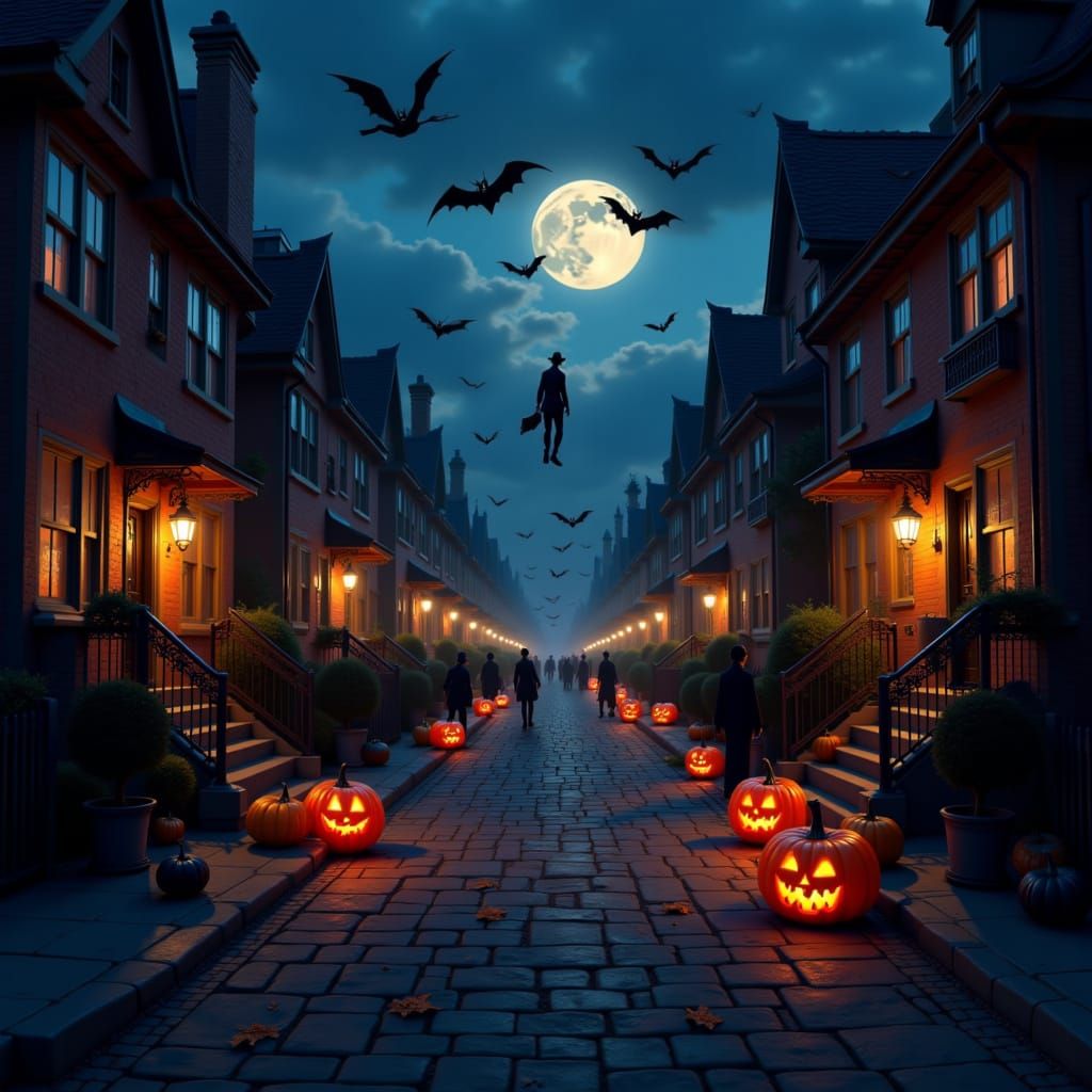 Night time in a residential street in the style of <lora:Halloweenify:1.0>