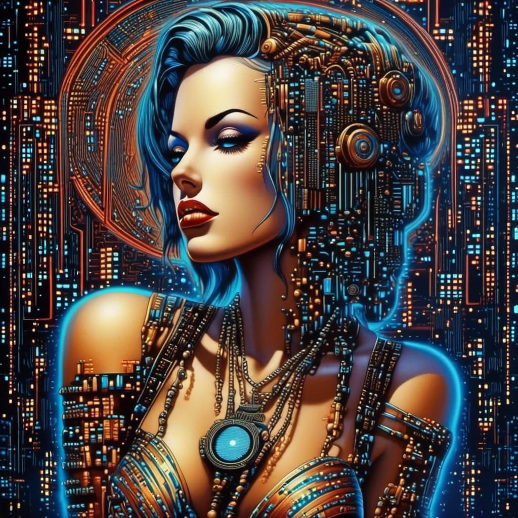 <lora:Binary Code:1.0> Psychobilly dreamgirl,  binary code, cyberpunk, colorful, hyperreal, intricately detailed 