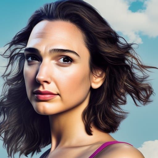 Sky view, sunny, 4k, 8k, smooth, sharp view, super photography very closeup shot with pretty Gal Gadot ad shot, perfect ...
