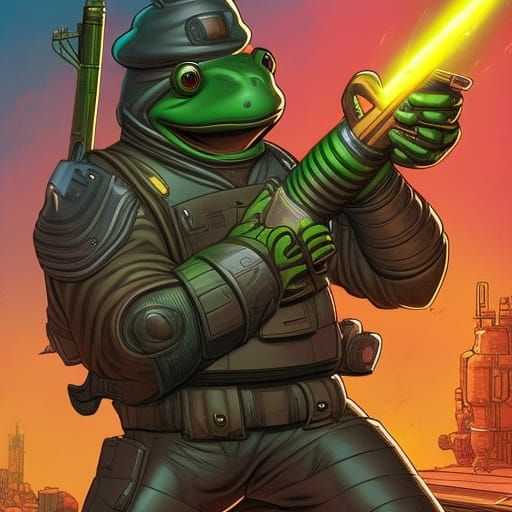A frog wielding a rocket-launcher from a video game.