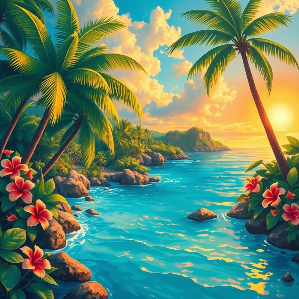Pacific Island Paradise watercolor in Gouache Style,   by @YBDESIGNS