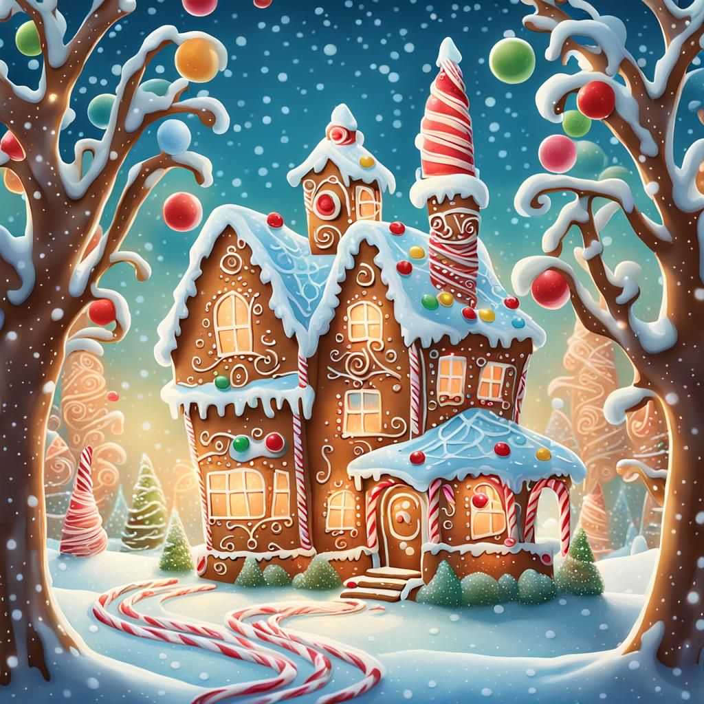 A fantastically detailed gingerbread house in a snowy winter...