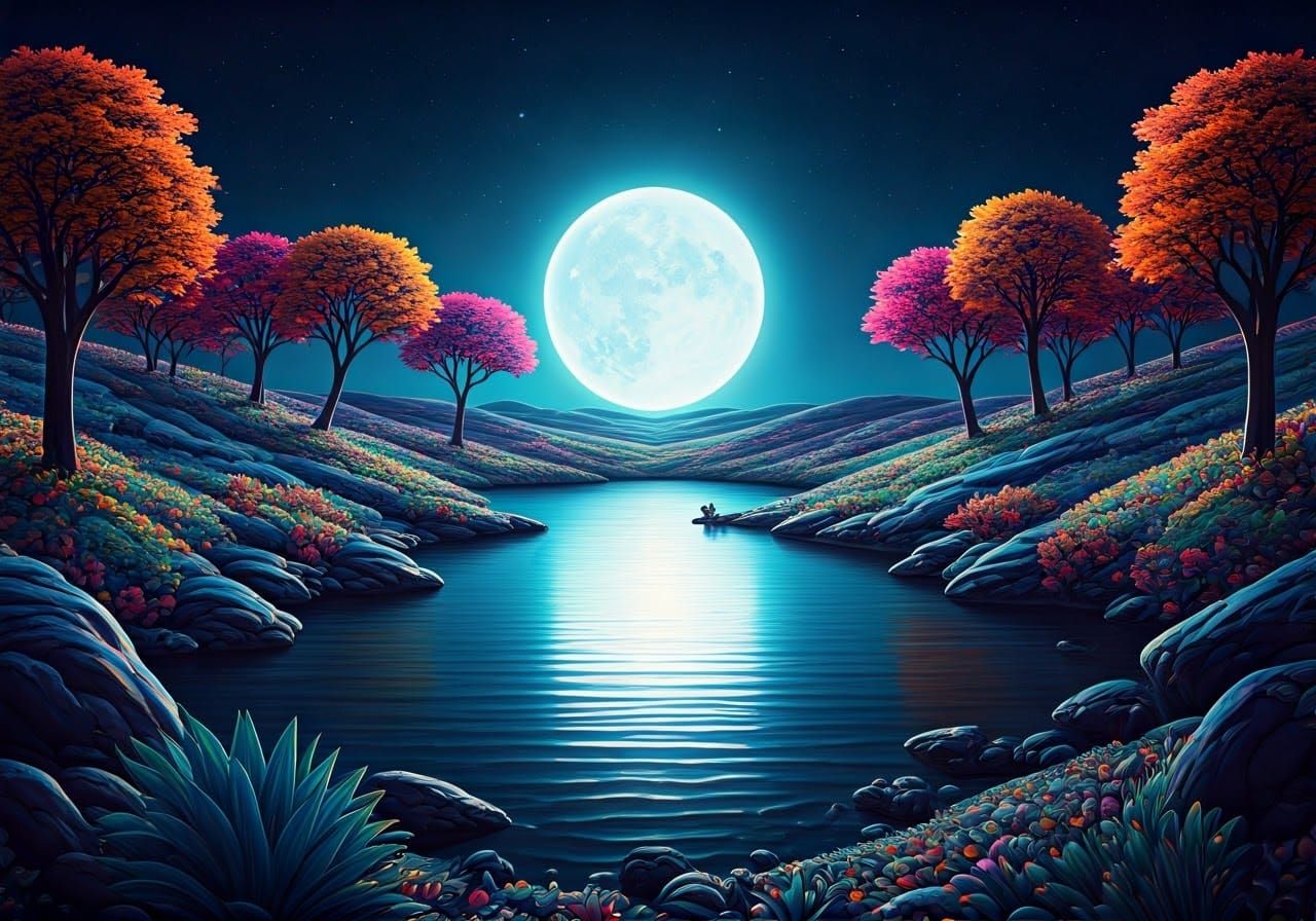 Cosmic Lake Reflecting Moon in Astral Illustration