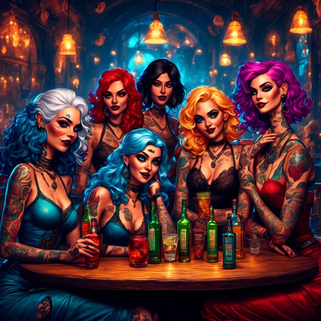 Pop Art: Women at a Neon-Lit Bar