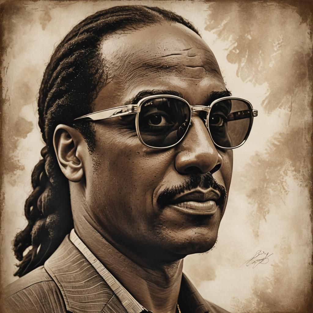 "A close-up portrait of Stevie Wonder , capturing the wisdom...