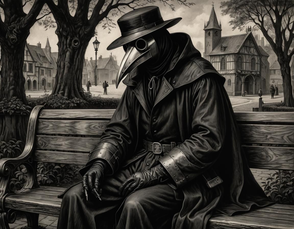 Plague Doctor, sitting on a bench, very tired and dejected from caring for several patients  by @Jesus Gerardo Gonzalez Ruiz