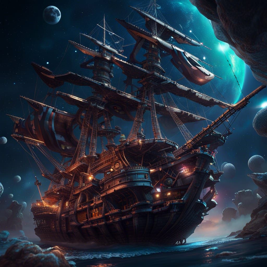 Cosmic pirates In an interstellar pirate ship flying the jolly Roger ...