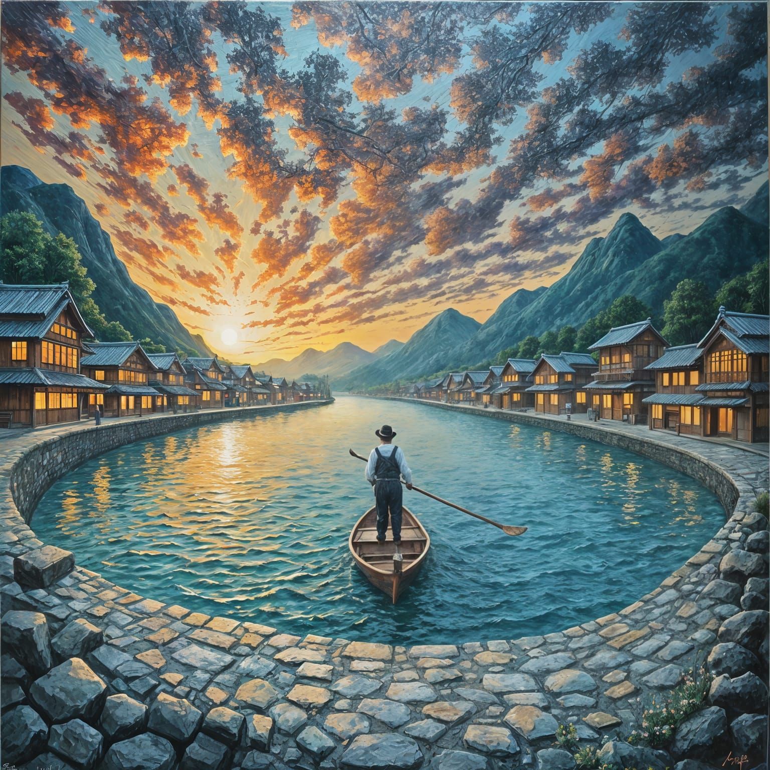 Impasto Oil Painting of Japanese Canal Village at Sunset