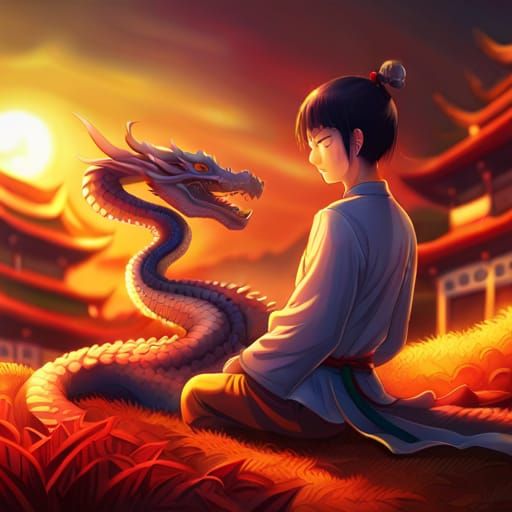 Sick and thin red dragon lying weak on herbs, chinesse man taking care of the ill dragón. 3d realistic anime, 3d shading, depth of field, in...