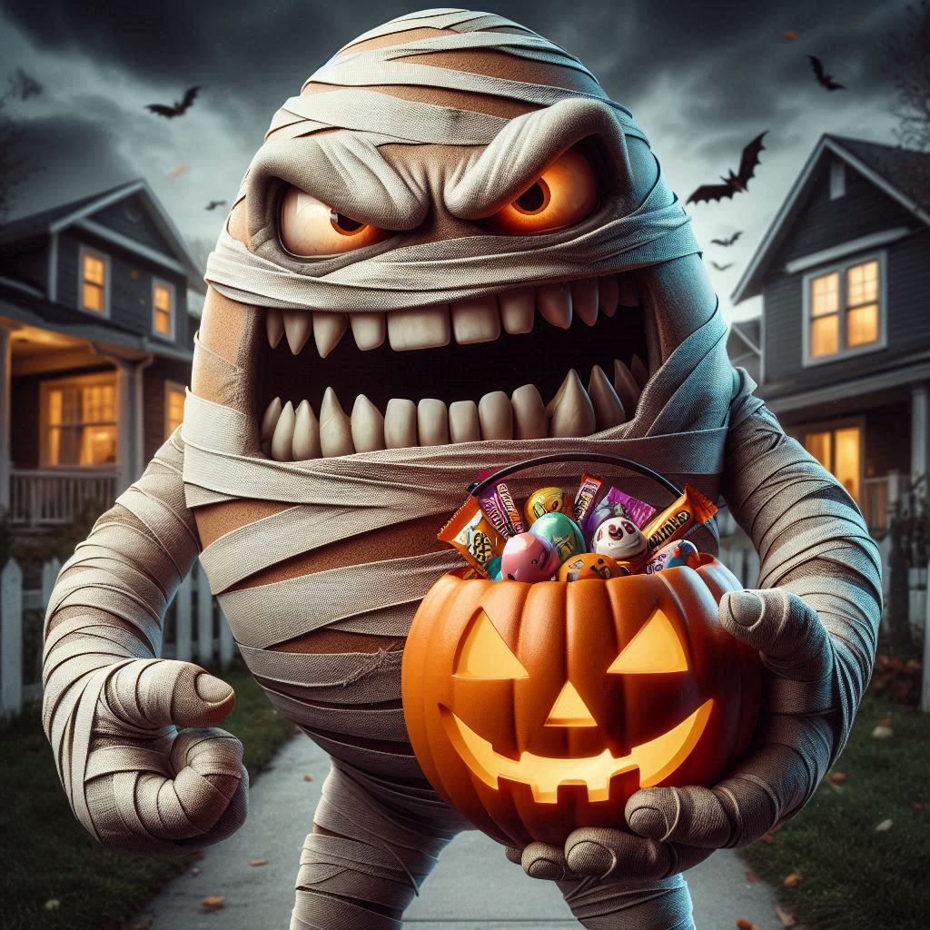 Angry Egg Trick or Treating as a Mummy