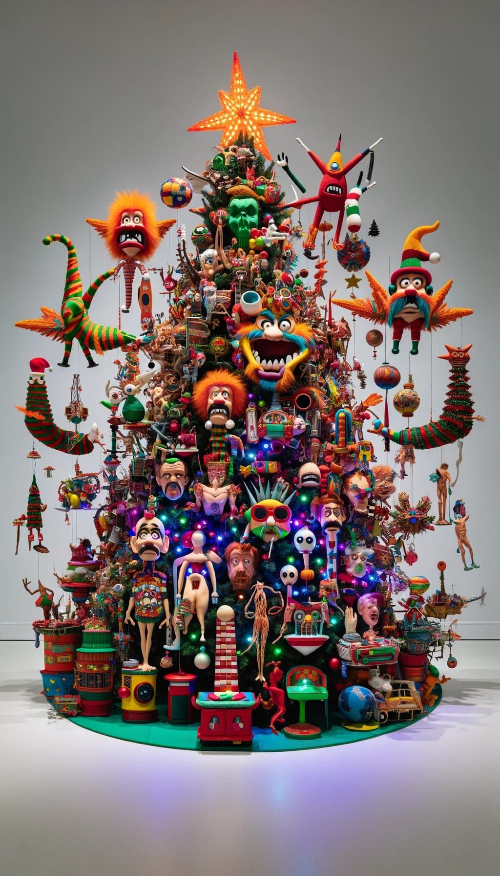 A wacky unconventional Christmas tree with totally out-of-the-box decorations.