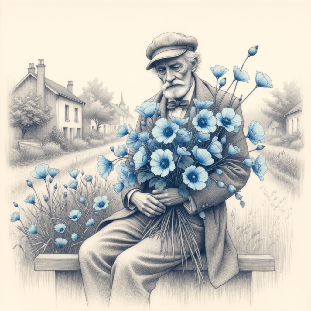 <lora:province:1.0> on a flat drawn background of an provincial town old man with a bouquet of blue poppies. Pencil drawing with multiple ou...