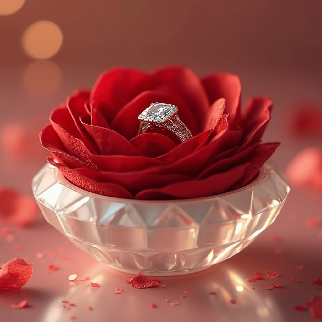 Create a small and elegant round ring holder with a glossy, white glass base shaped like a diamond. The top surface should reflect light bea...