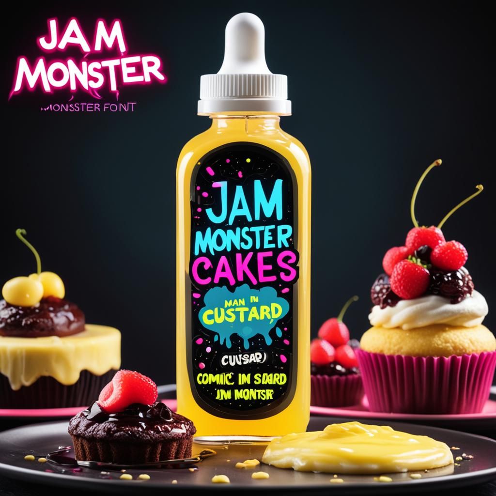 An E Juice bottle. Main Text: "Jam Monster" eJuice in a bold...