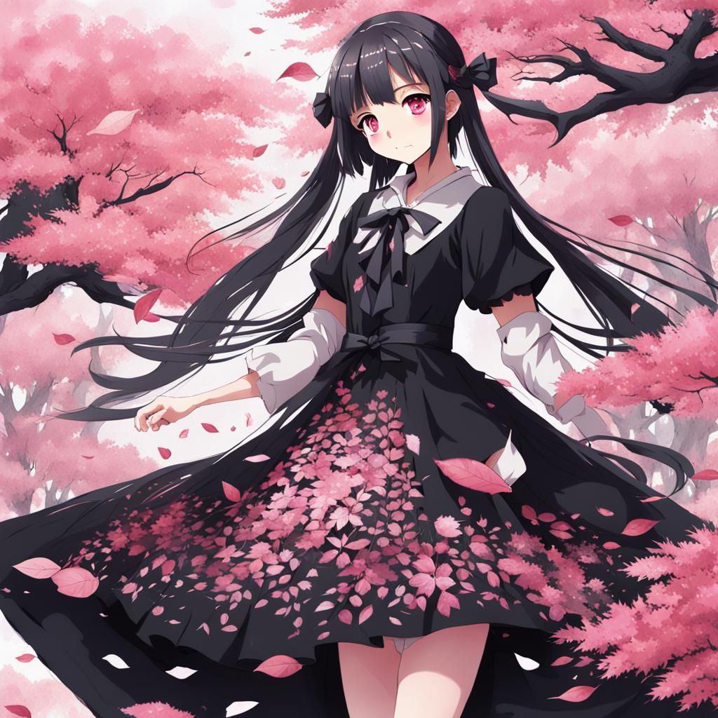 Girl in Dress Surrounded by Black and Pink Leaves