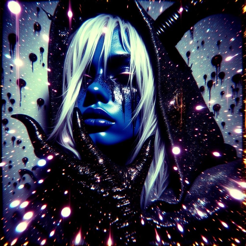 35mm film, splashy sparkly noir painting: ethereal, otherworldly, surreal: shot from extreme low angle in 3/4 profile: Rebellious tiefling d...