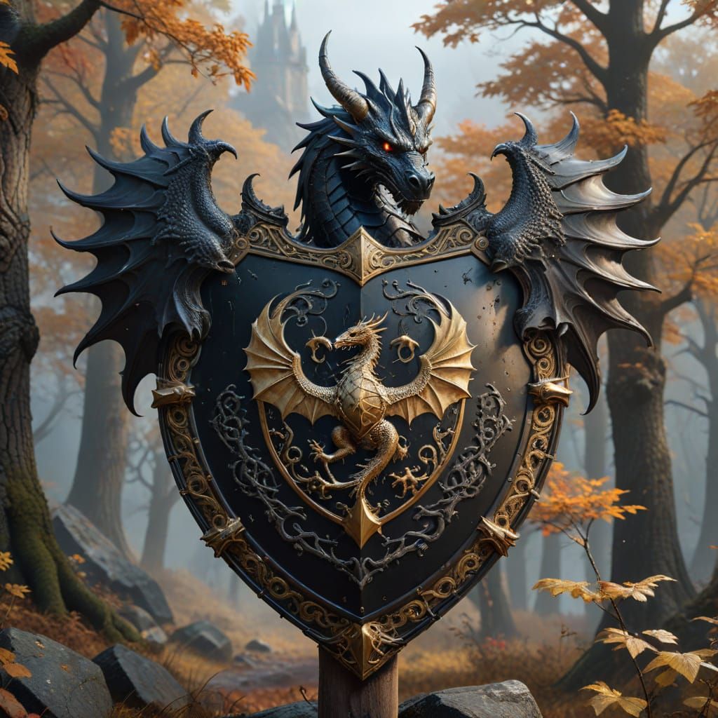 a richly decorated battle shield of a black knight. The shield is made of shiny, black metal and decorated ...  by @SvenP