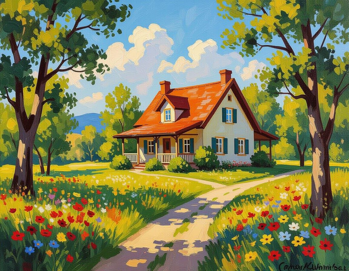 Cozy Home in Vibrant Impressionistic Landscape Painting
