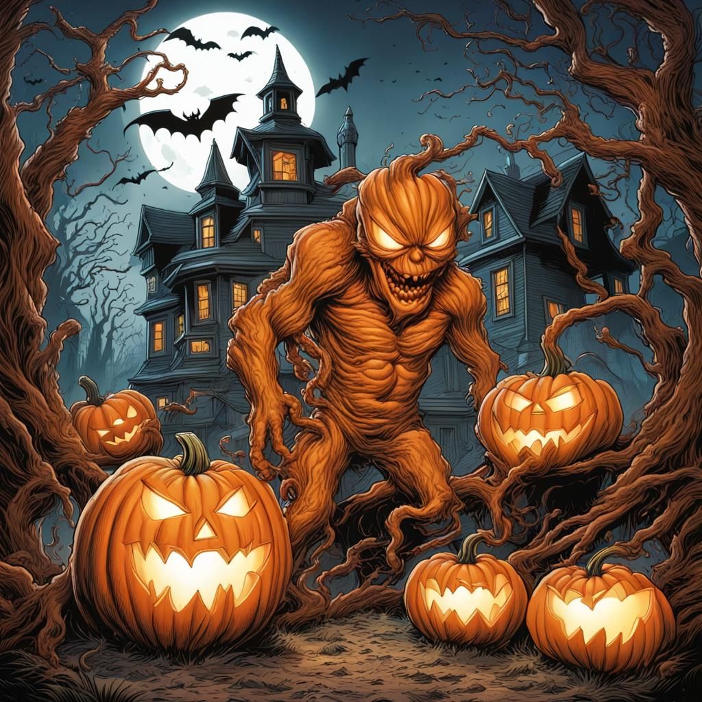 Halloween, pumpkin monster, hyperrealism, hyperdetailed