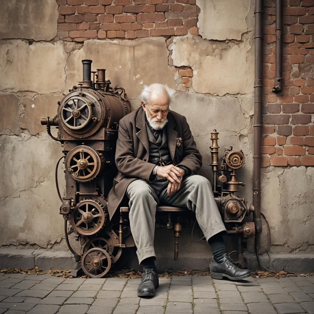 Steampunk Dreamer: Old Man Sleeping by Engine