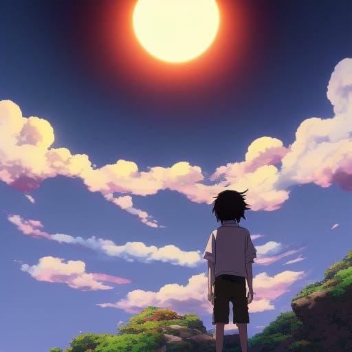 Boy looking at sun over mountain