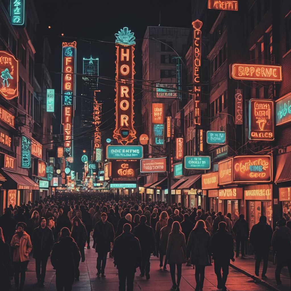 Glowing Neon Horror, night life, downtown, signs, people, re...