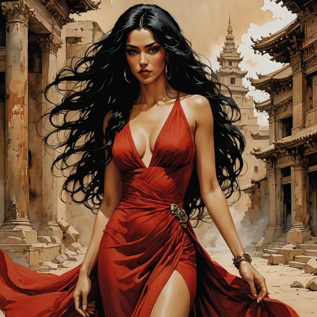 Woman, red dress...