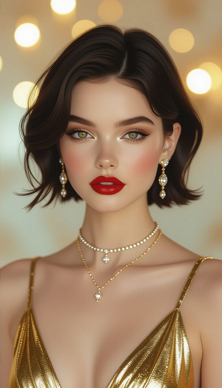 Elegant Woman with Glowing Red Lips in Golden Dress