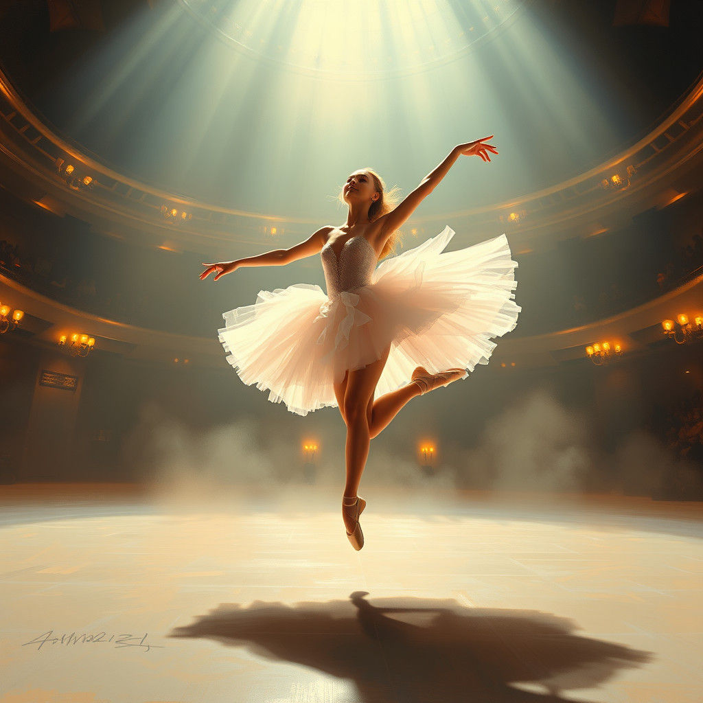 a2727. Soft impressionism. Medium shot. A ballerina mid-leap...