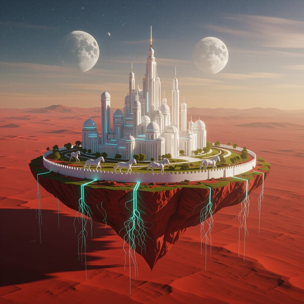 A hyper-realistic, ultra-detailed futuristic fantasy scene in 8K resolution, aerial view.
A large fragment of land floats above a vast red s...