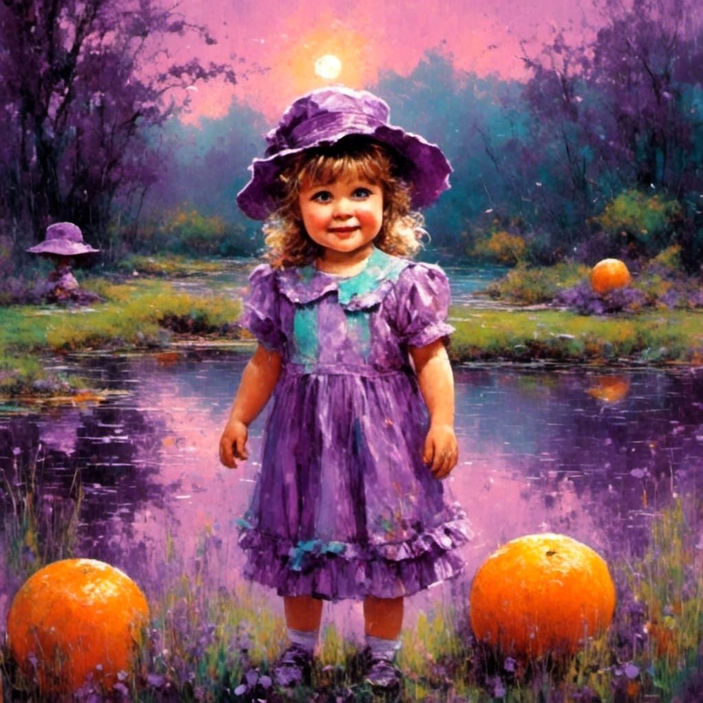 a little girl in a purple ruffled dress