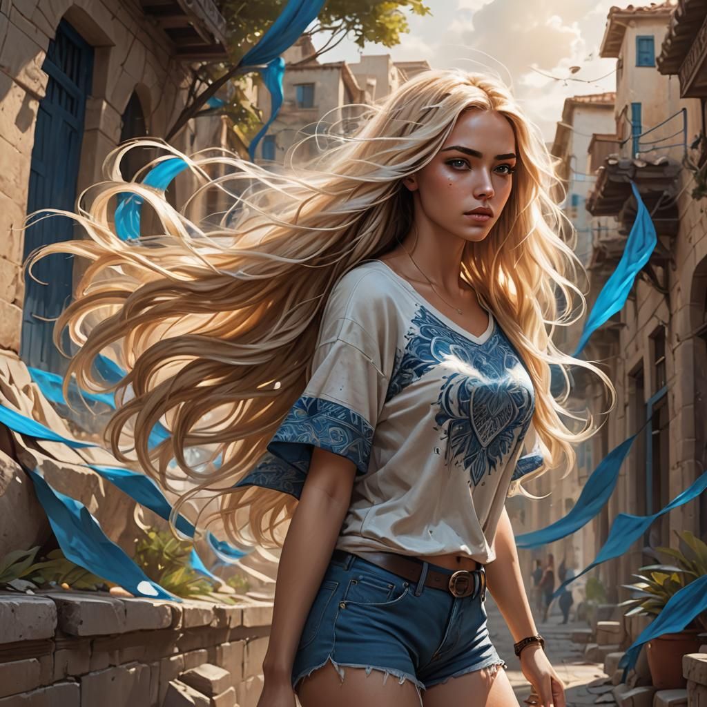 a sketch of a young latina woman in short shorts with shocking blue eyes,  long blonde hair, wind in her hair, looking down, relaxed and con... - AI  Generated Artwork - NightCafe Creator