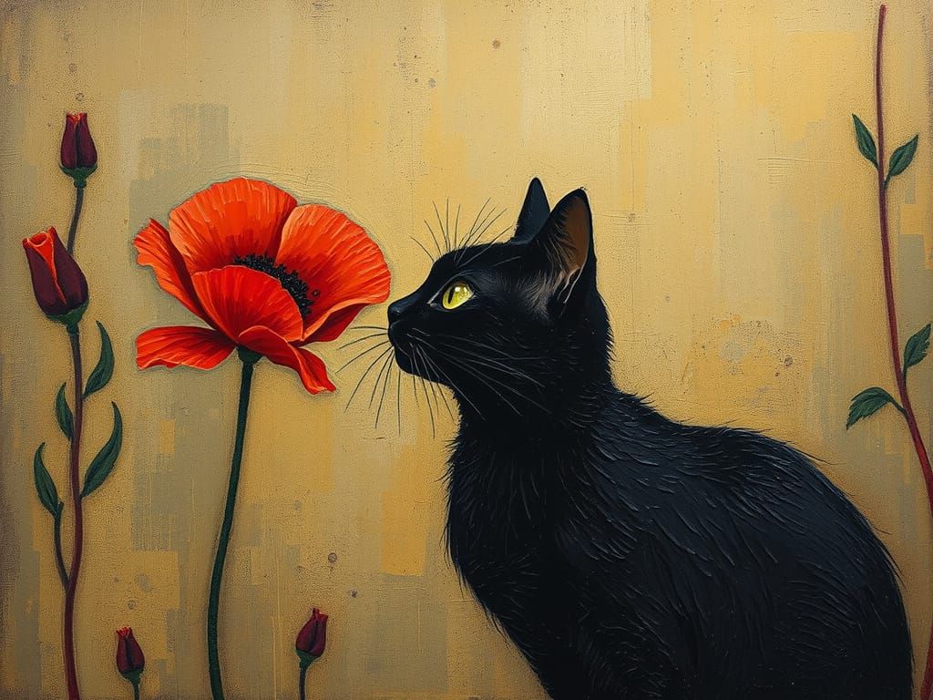 Black cat looking at a red poppy  by @AVA