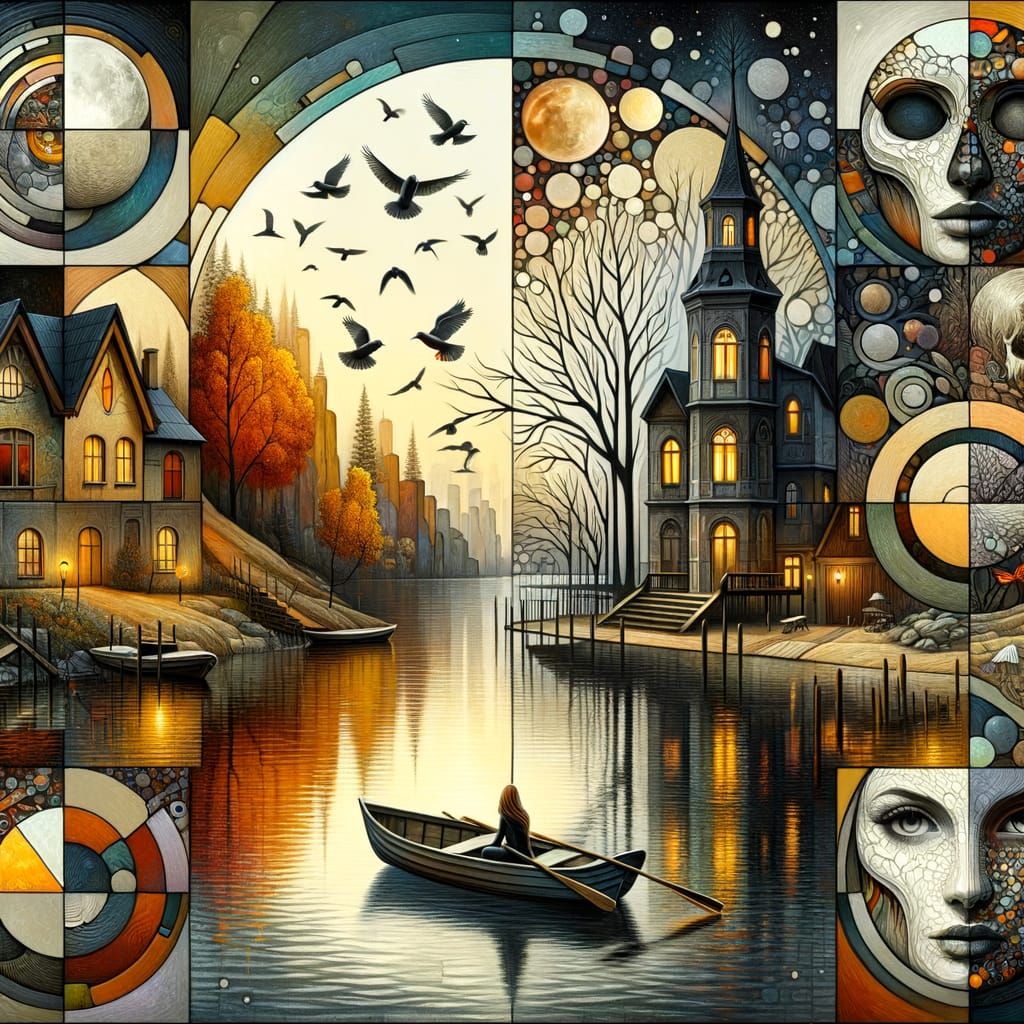 Surreal Dream Mosaic with Autumn River and Gothic Castle