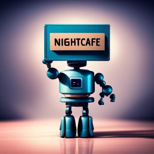 A small robot holding a sign with the word nightcafe written...