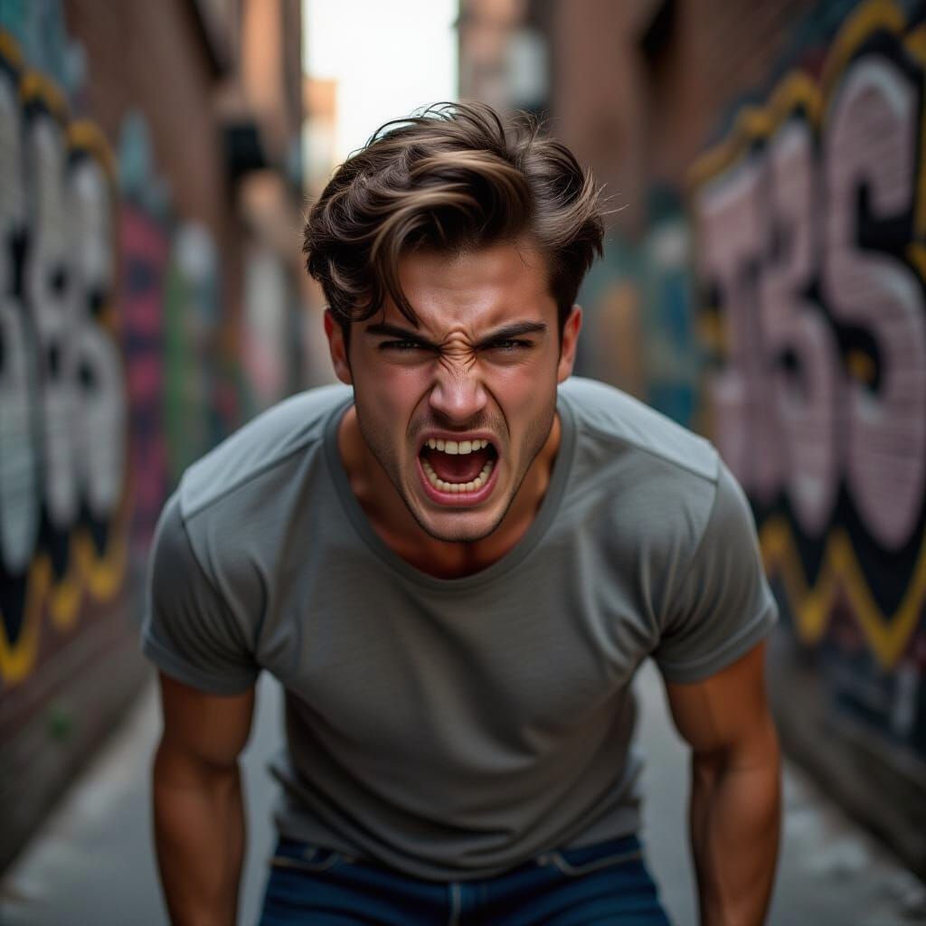 Man's Fiery Emotion in Gritty Alleyway