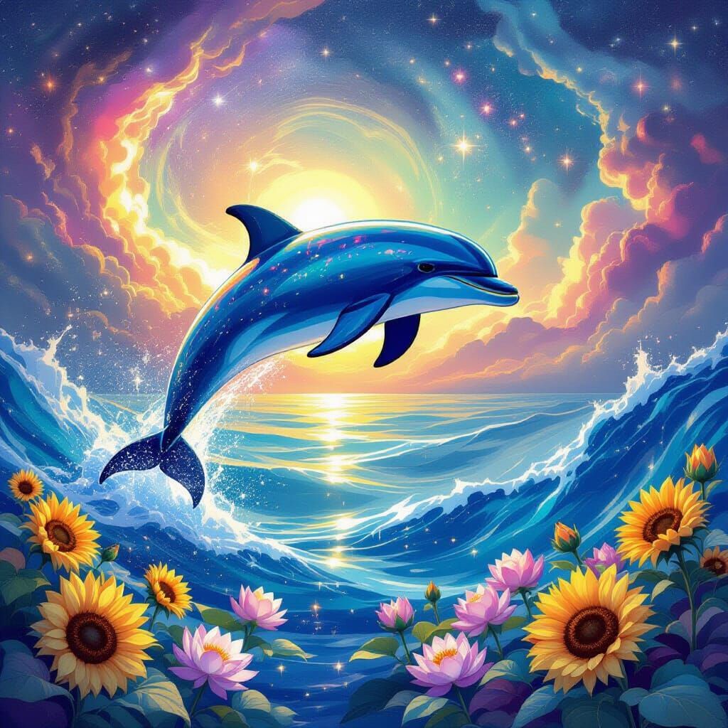 Bioluminescent Dolphin Leaping Through Cosmic Ocean
