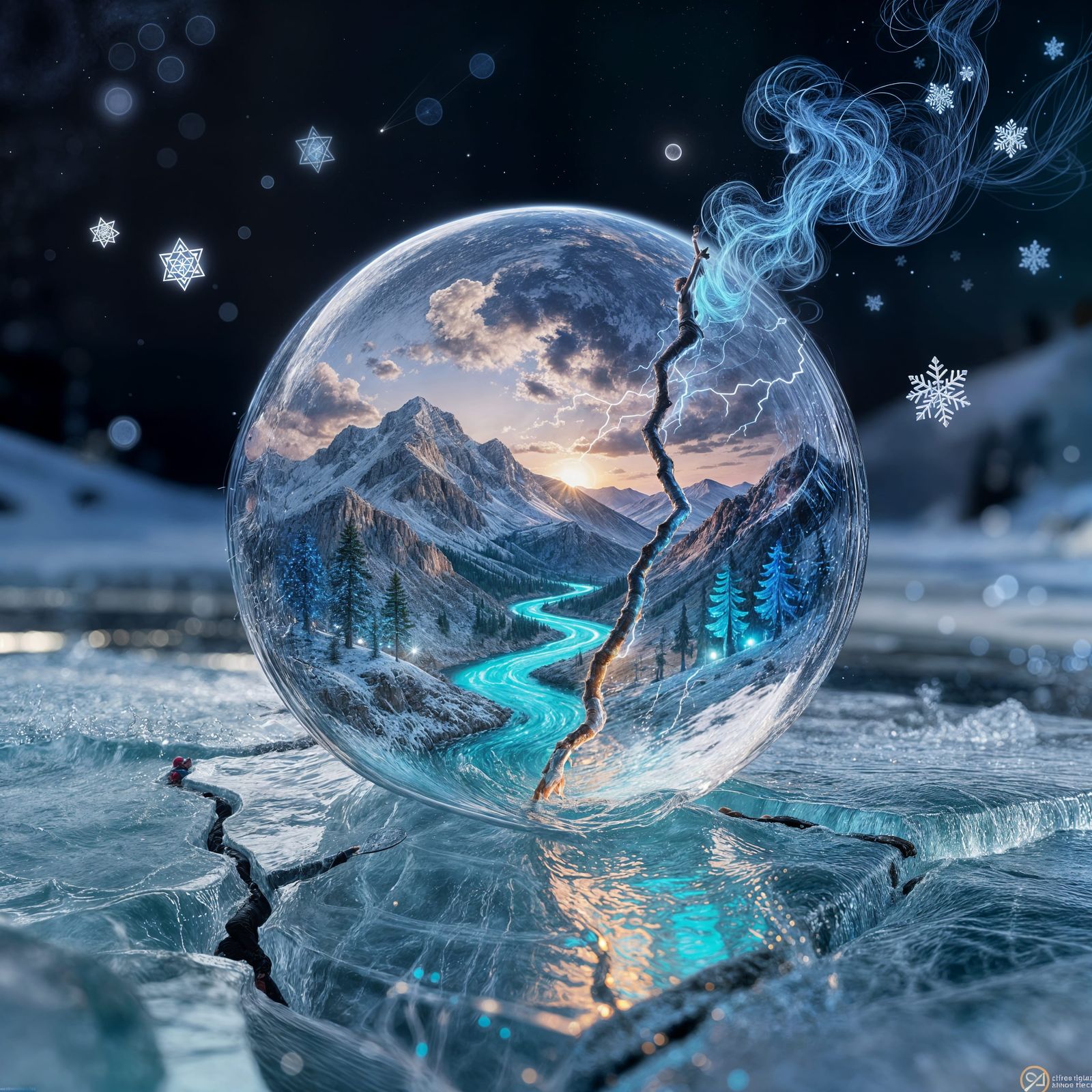 Miniature World Inside Glass Orb on Cracked Ice