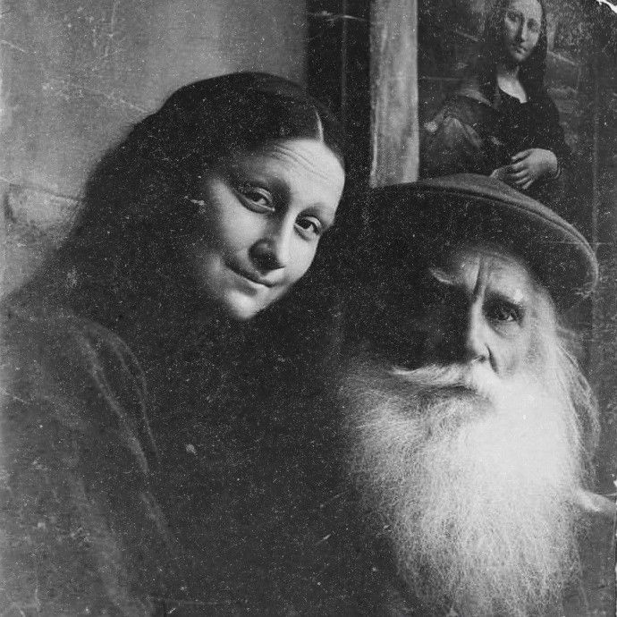 Mona Lisa and Leonardo celebrate the completion of "The Gioconda" painting