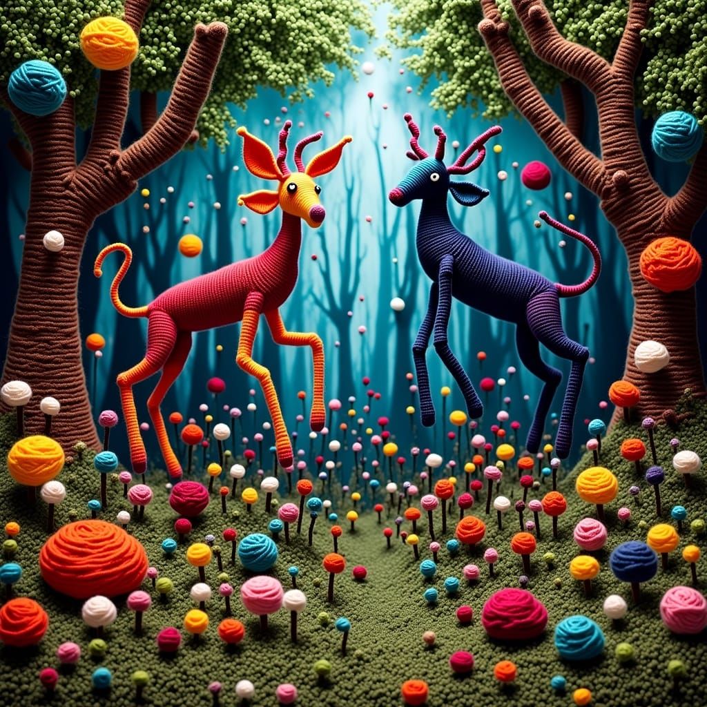 Surreal (macrame1.9) enchanted forest with beautiful fae creatures