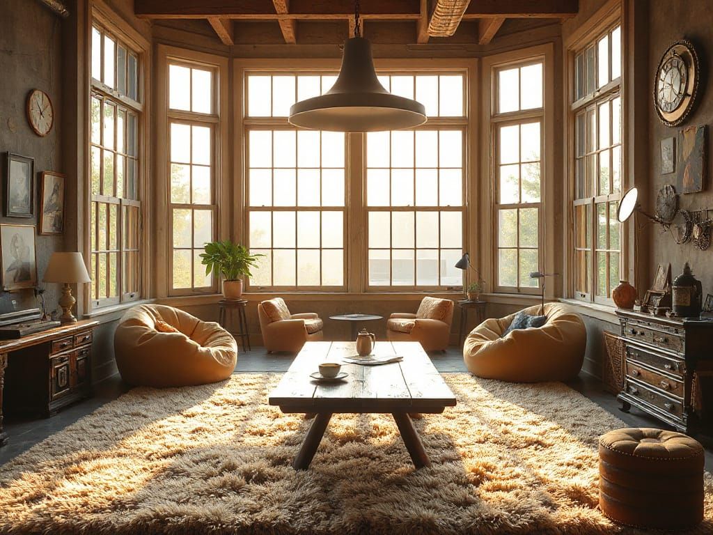 Steampunk Studio with Sunlit Windows and Cozy Seating