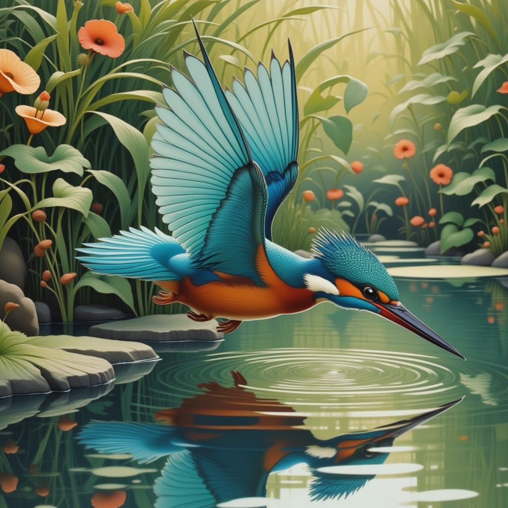 <lora:Bilibin:1.0>Close-up view of a kingfisher diving into a still pond. Perfect reflection. Highly detailed, vibrant plumage. Iridescent b...
