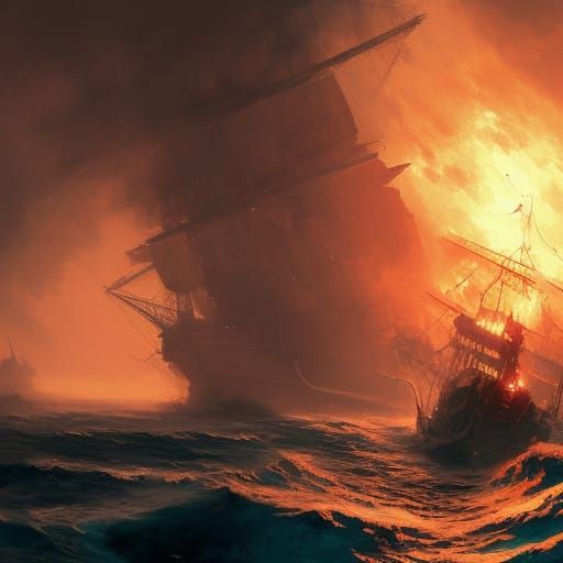 flaming pirate ship sinking into a dark ocean  by @Jack Stewart