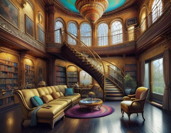 Tim Burton Style Living Room with Spiral Staircase