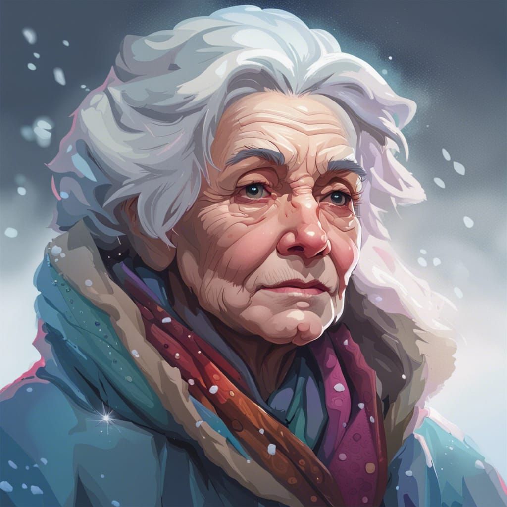 A snowy portrait of an elderly woman  by @Mor