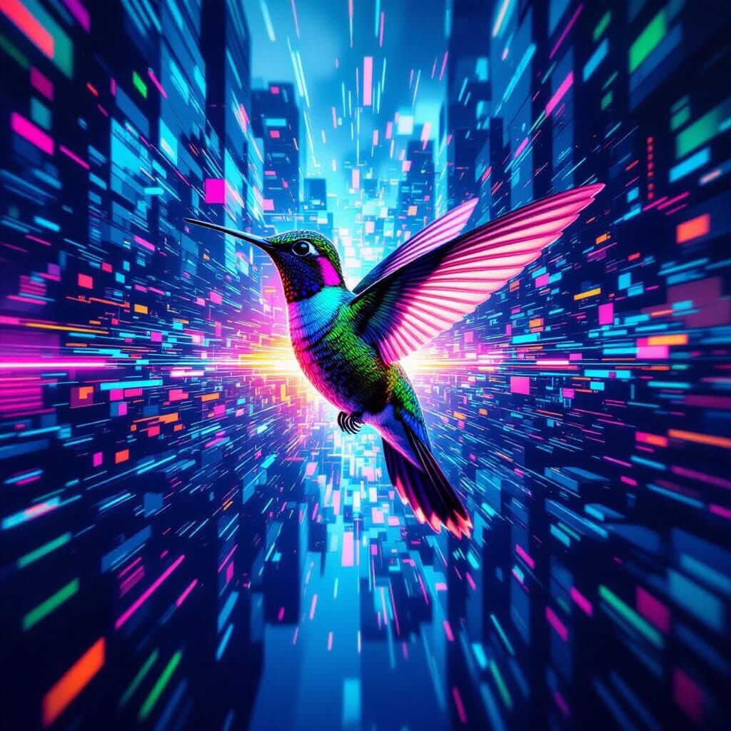 Glitch art. A hummingbird phasing between alternate timelines, its form dissolving into digital artifacts. Vivid colors, surrealism. The bac...