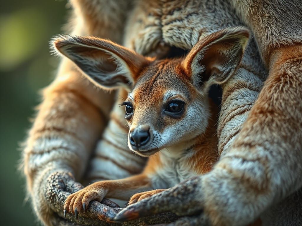 Hyperrealistic Joey Peeking From Pouch in Ethereal Mist