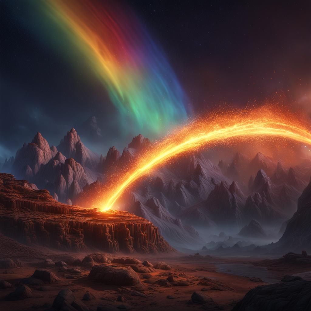 A burning comet falls from the night sky, leaving a rainbow ...