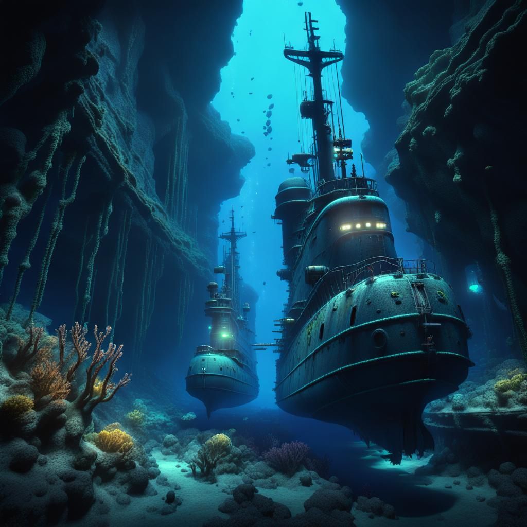 Submarine deep and dark blue canyon. Fiches. Colored and bio...