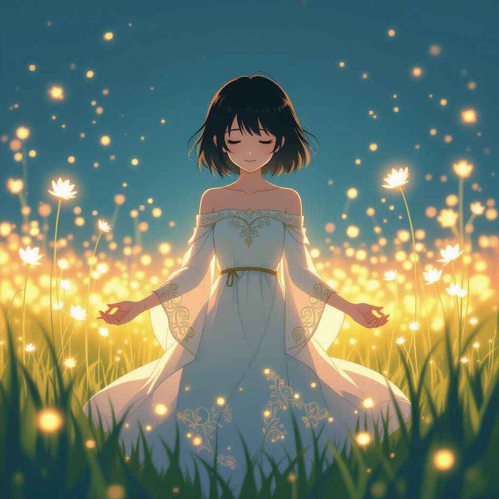Anime Girl Meditating in Magical Glowing Field